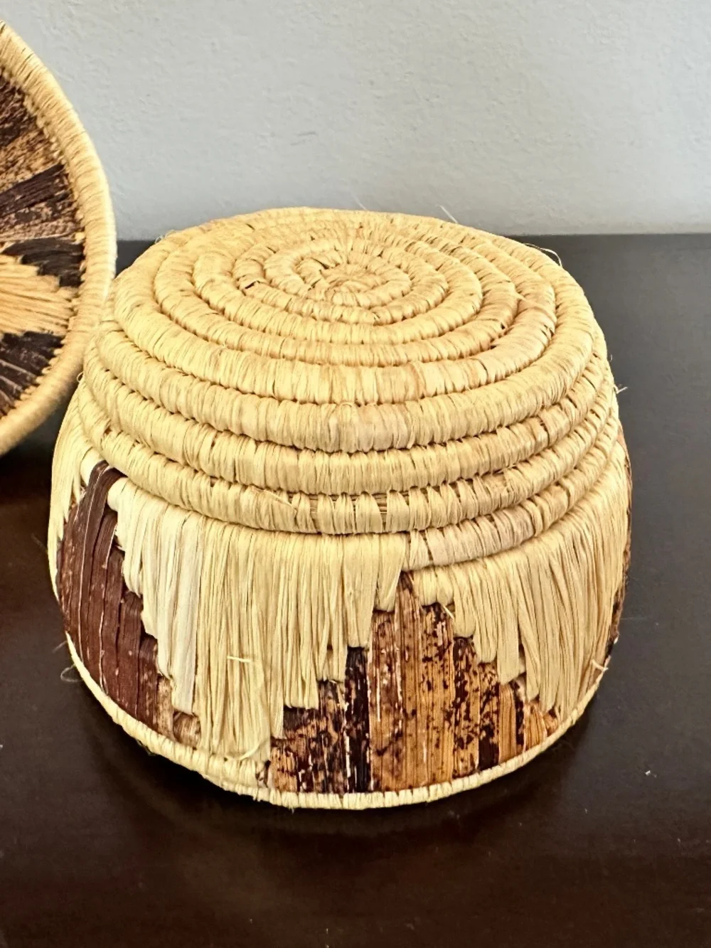 Vintage Coiled Lidded Handwoven Raffia Basket African Tribal 6” Decorative